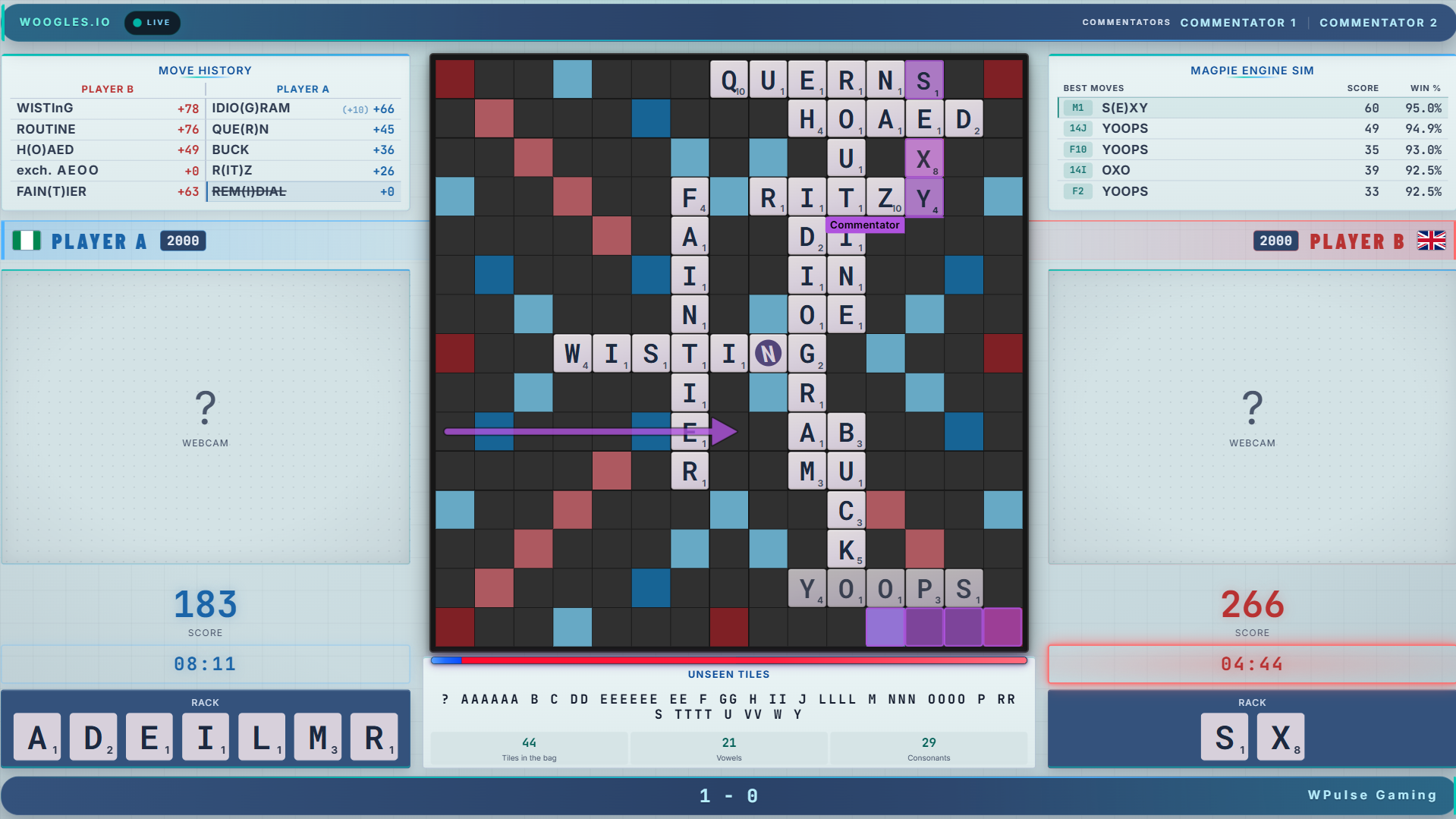 The same WPulse stream overlay in the light theme, with the live board, move history, engine best moves, player panels, unseen tiles and evaluation bar.