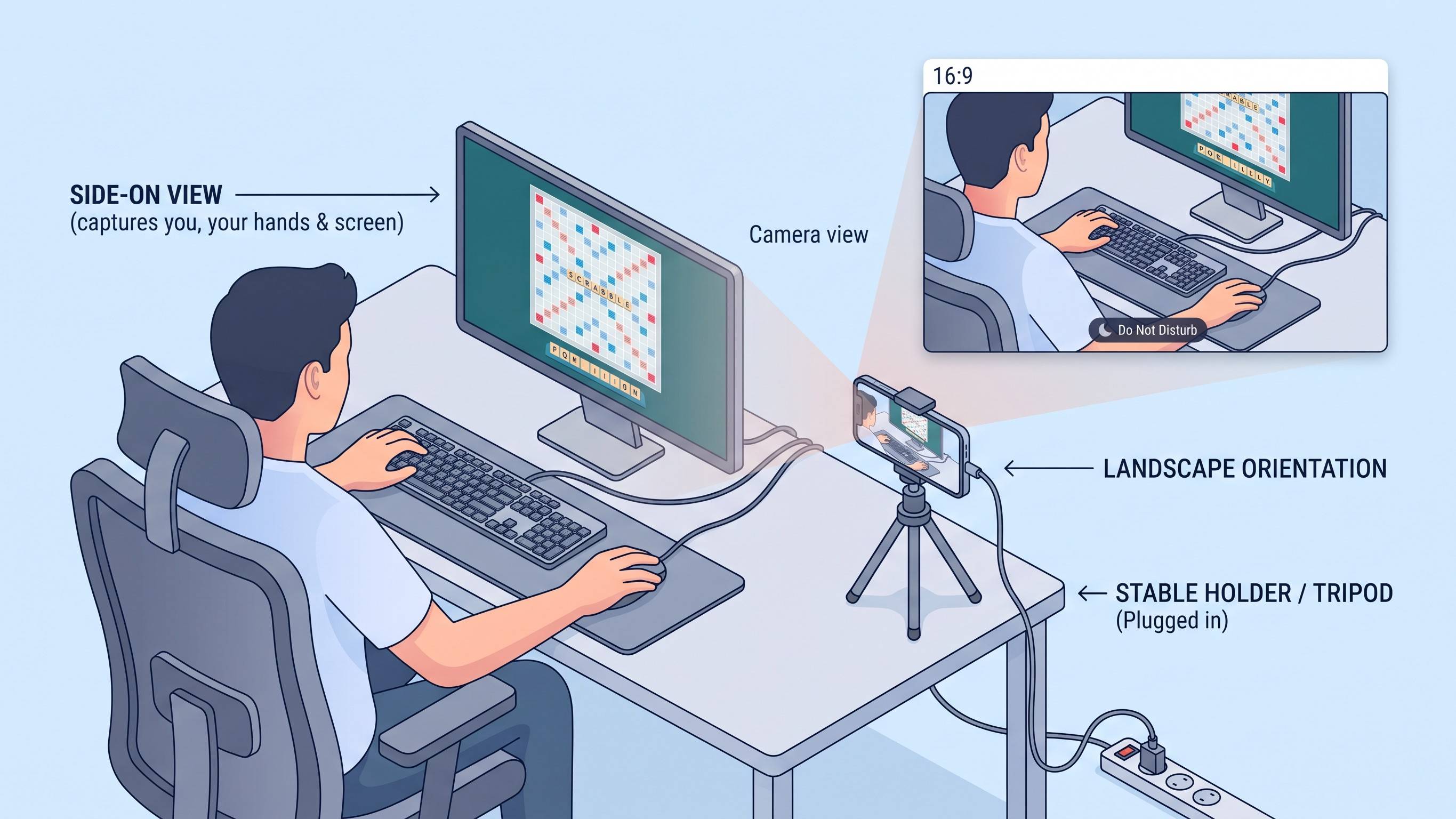 Ideal phone placement: the phone stands in landscape on a tripod beside the desk, plugged in, with Do Not Disturb on, so its camera sees you from the side with your hands and screen in view.