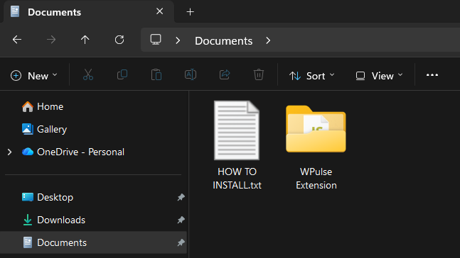 The extracted folder showing the inner 'WPulse Extension' folder