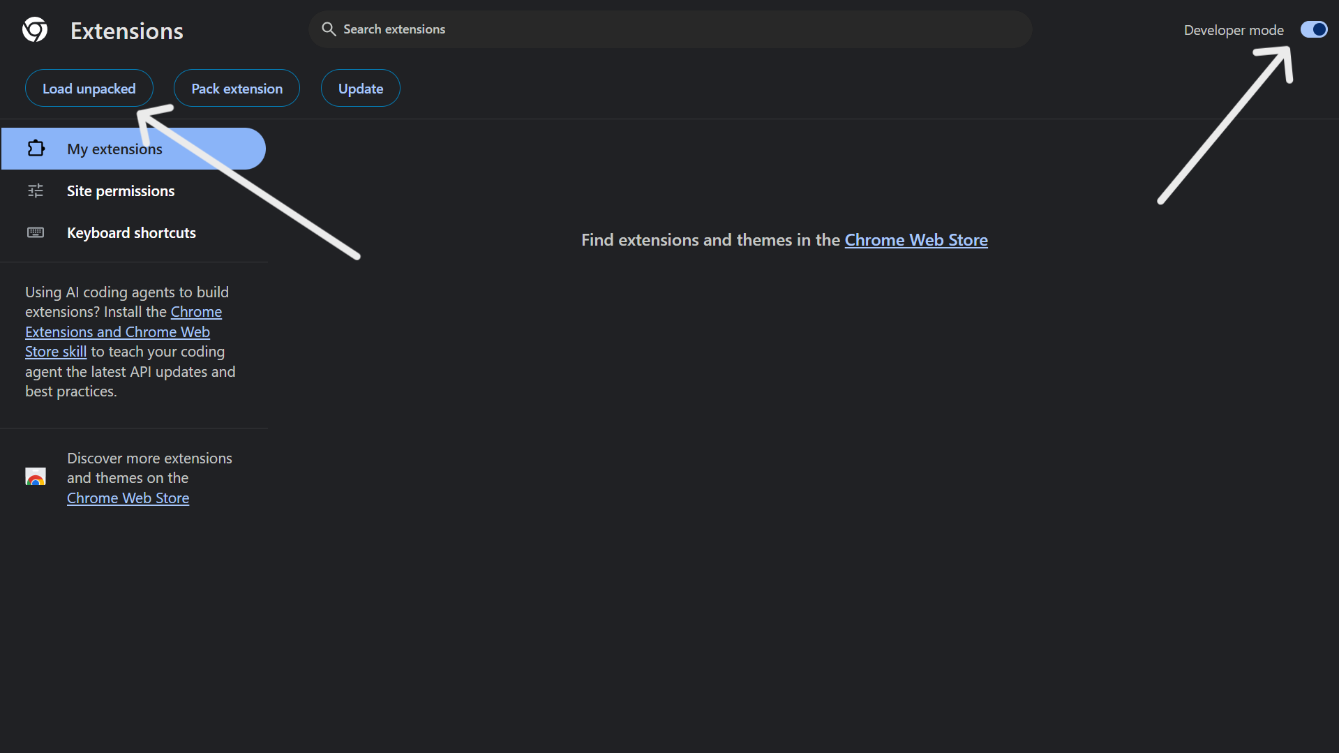 chrome://extensions with Developer mode on and the Load unpacked button