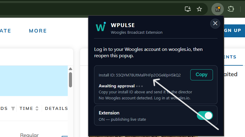 The WPulse popup showing the install ID