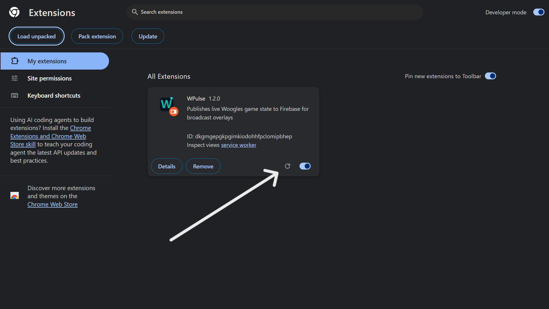 The WPulse card on chrome://extensions with the refresh (circular arrow) button